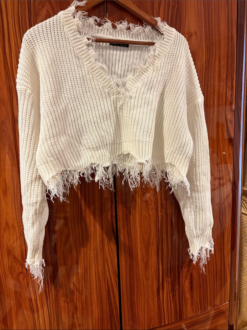SHEIN white Cropped Distressed V-Neck Sweater